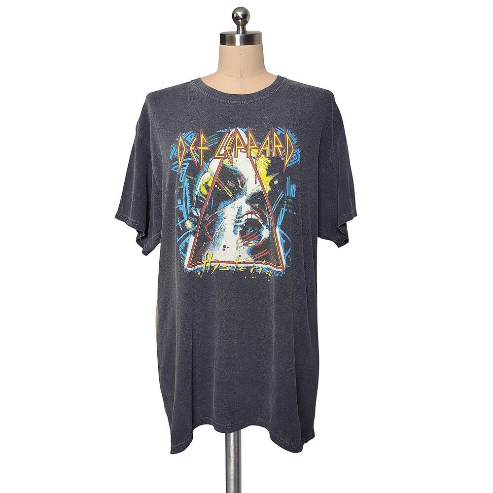 Distressed DEF LEPPARD Gray Hysteria Concert Graphic Print T-Shirt Top  M/L